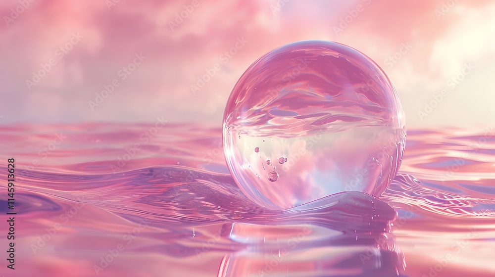 3d rendering of a transparent liquid bubble containing molecules floating on a light blue water background, perfect for skincare and cosmetic essence concepts 3d rendering of a transparent liquid bubble containing molecules floating on a light blue water background, perfect for skincare and cosmetic essence concepts