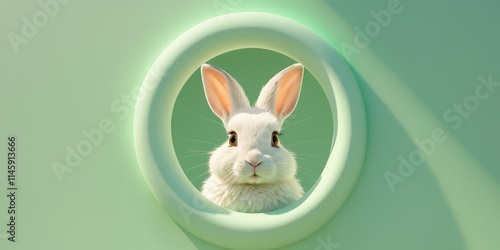 White rabbit peeking from a hole in a mint green background during daylight hours