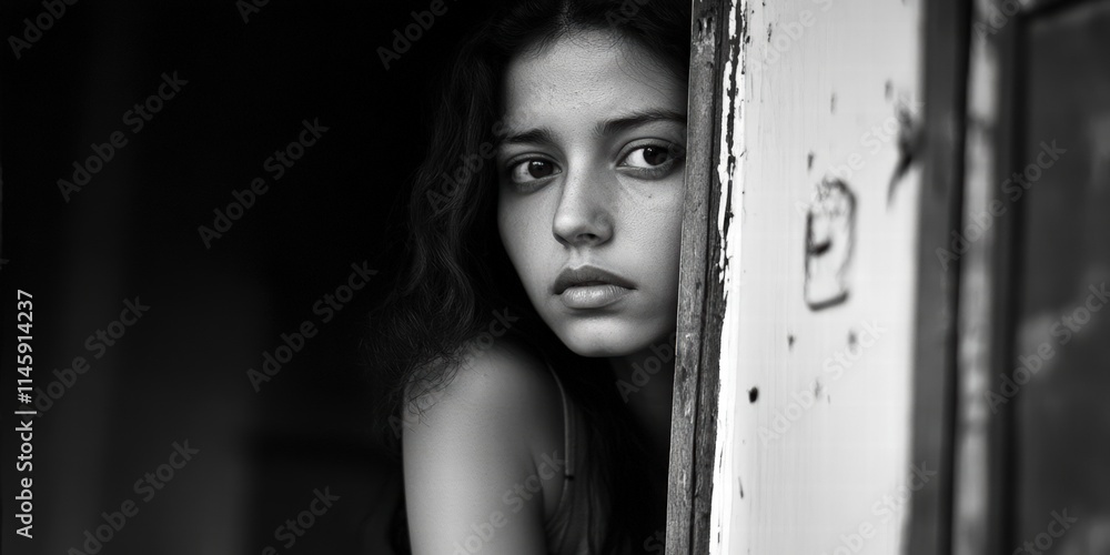 Capturing a moment of reflection, a solemn young girl gazes thoughtfully from an abandoned building, signifying contemplation, loss, and the passage of time in striking monochrome. Capturing a moment of reflection, a solemn young girl gazes thoughtfully from an abandoned building, signifying contemplation, loss, and the passage of time in striking monochrome.