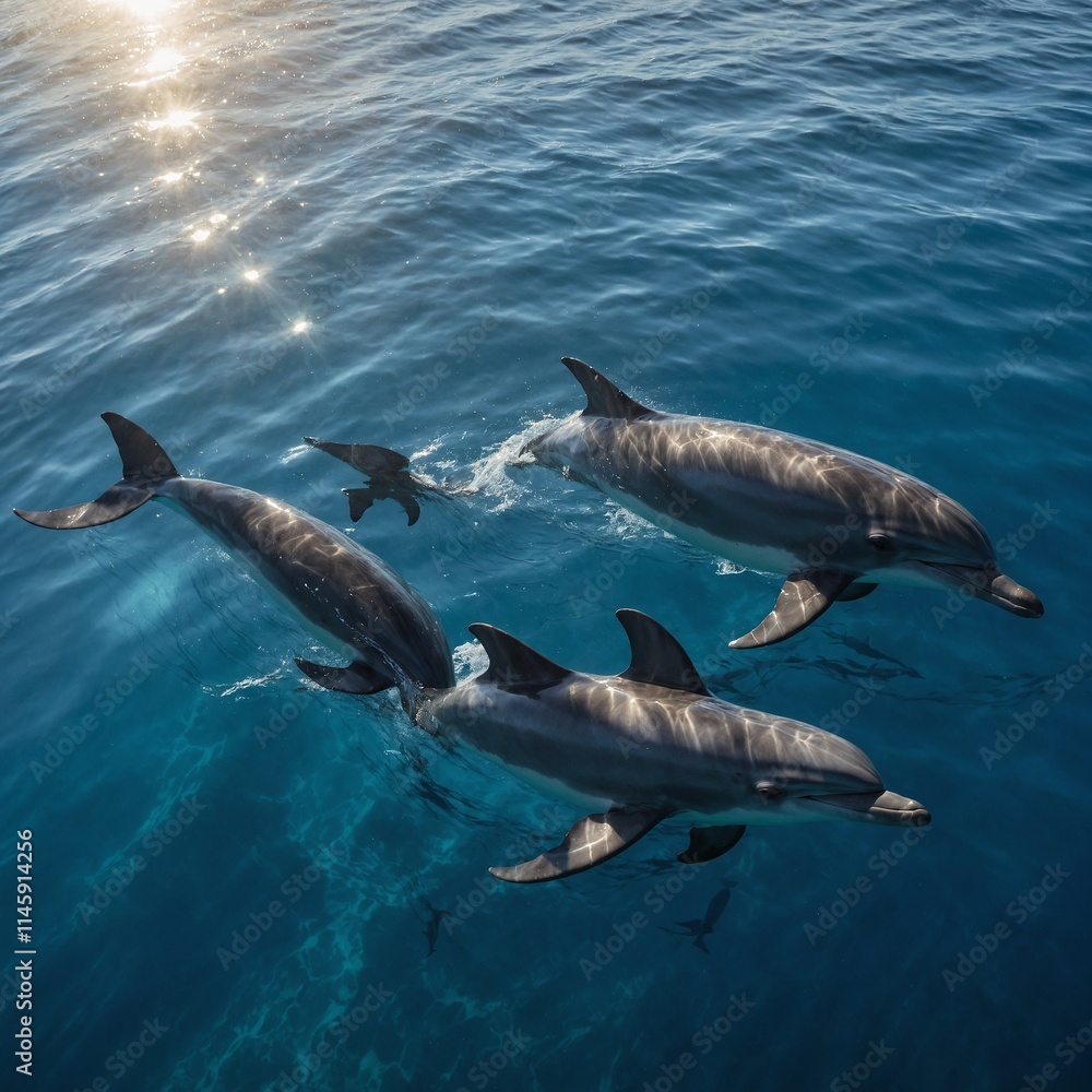 Fototapeta premium A group of dolphins swimming near the ocean surface, illuminated by sunlight.