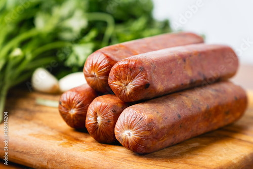 pile of raw red beef smoke sausage with collagen casing on top of wooden cutting board, with spice on the background