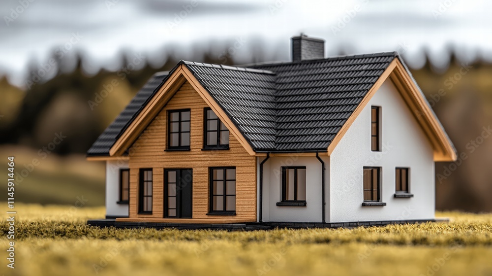 A beautifully crafted miniature model of a modern house perfectly set within a serene landscape, highlighting architectural design, tranquility, and the charm of home life in a visual delight. A beautifully crafted miniature model of a modern house perfectly set within a serene landscape, highlighting architectural design, tranquility, and the charm of home life in a visual delight.