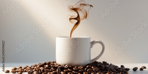 Aromatic Hot Coffee Steam Mug on Coffee Beans photo