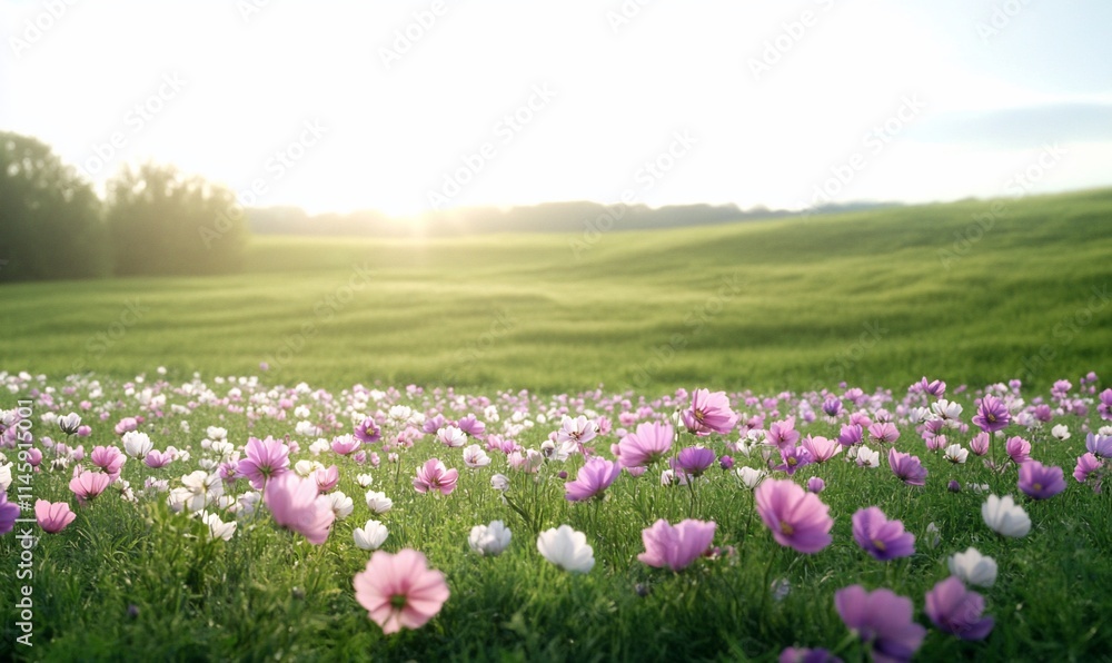 A serene landscape filled with blooming flowers under a bright sky. A serene landscape filled with blooming flowers under a bright sky.