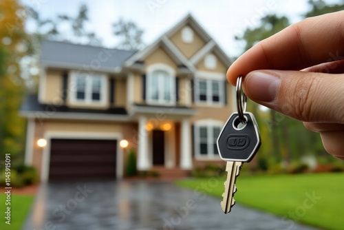 A joyful homebuyer holding a set of keys in front of a stunning new house reflects the excitement of starting a new chapter in life and achieving homeownership.
