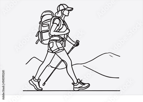 A single line drawing of a woman hiking