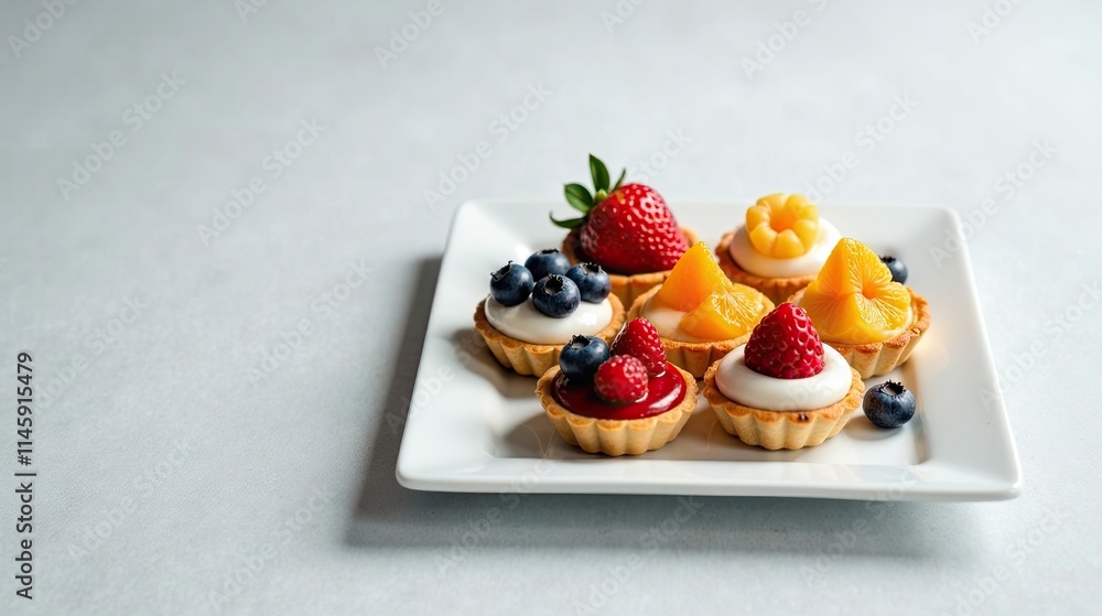 A delightful assortment of mini fruit tarts, featuring creamy fillings and vibrant berries, arranged on a pristine white square plate A delightful assortment of mini fruit tarts, featuring creamy fillings and vibrant berries, arranged on a pristine white square plate