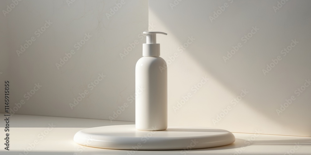 White pump bottle on light surface with soft shadows and textured background White pump bottle on light surface with soft shadows and textured background
