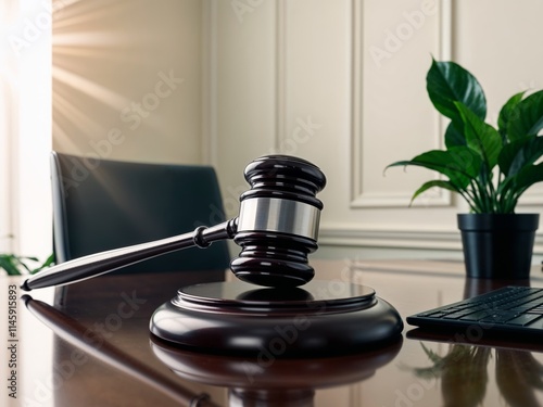 Gavel on Desk with Keyboard and Green Plant in Background at Law Office photo