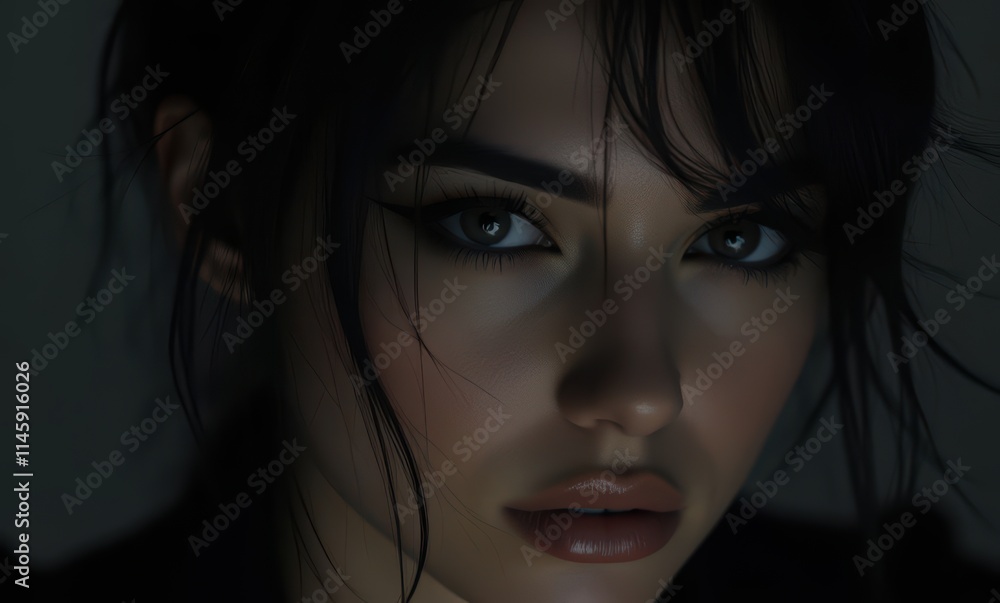 Close-up of a young woman with striking features Close-up of a young woman with striking features