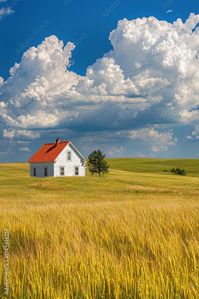 Illustration of rural real estate surrounded by farmland and open skies Illustration of rural real estate surrounded by farmland and open skies