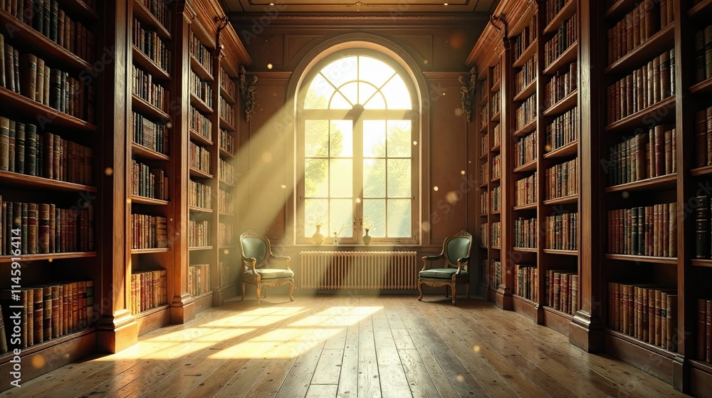 Serene Sunlight Illuminates a Grand Library Filled with Ancient Books and Dust Motes Dancing in Golden Rays Serene Sunlight Illuminates a Grand Library Filled with Ancient Books and Dust Motes Dancing in Golden Rays