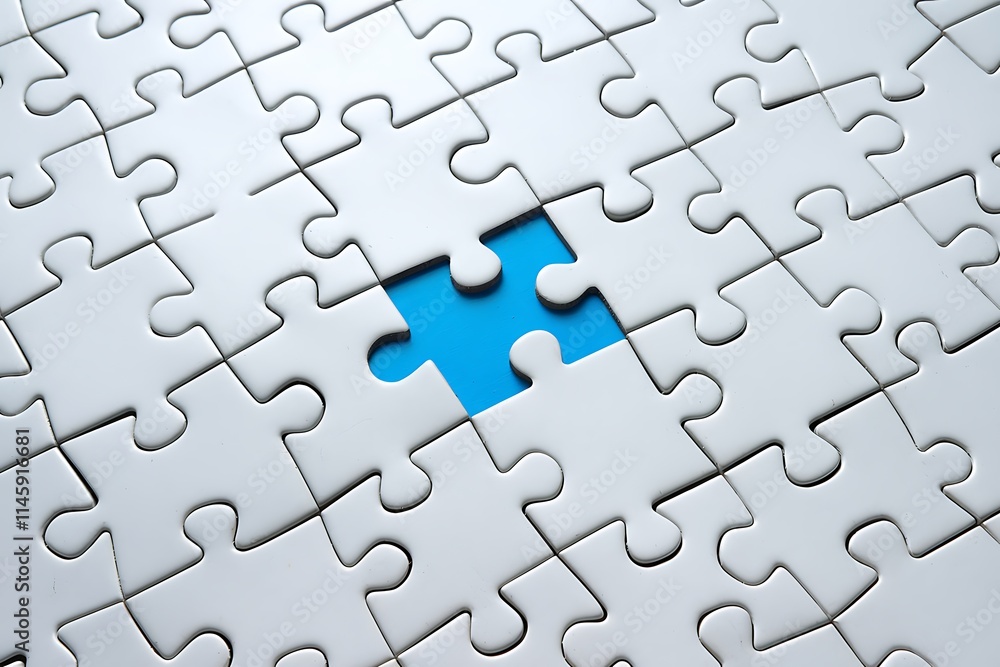Close-Up of Pale Blue Jigsaw Puzzle with Missing Bright Yellow Piece at Center, Featuring Scattered Pattern on Light Gray Background for a Clean, Modern Aesthetic Close-Up of Pale Blue Jigsaw Puzzle with Missing Bright Yellow Piece at Center, Featuring Scattered Pattern on Light Gray Background for a Clean, Modern Aesthetic