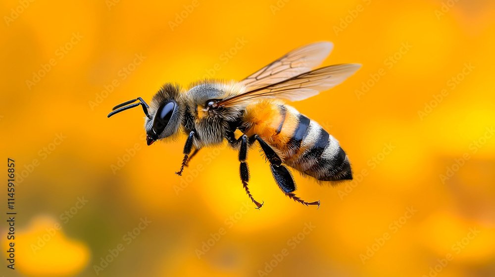 Honeybee in flight against a blurred yellow background. Honeybee in flight against a blurred yellow background.
