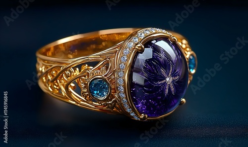 Elegant Gold Ring with Amethyst Gem and Intricate Design Details