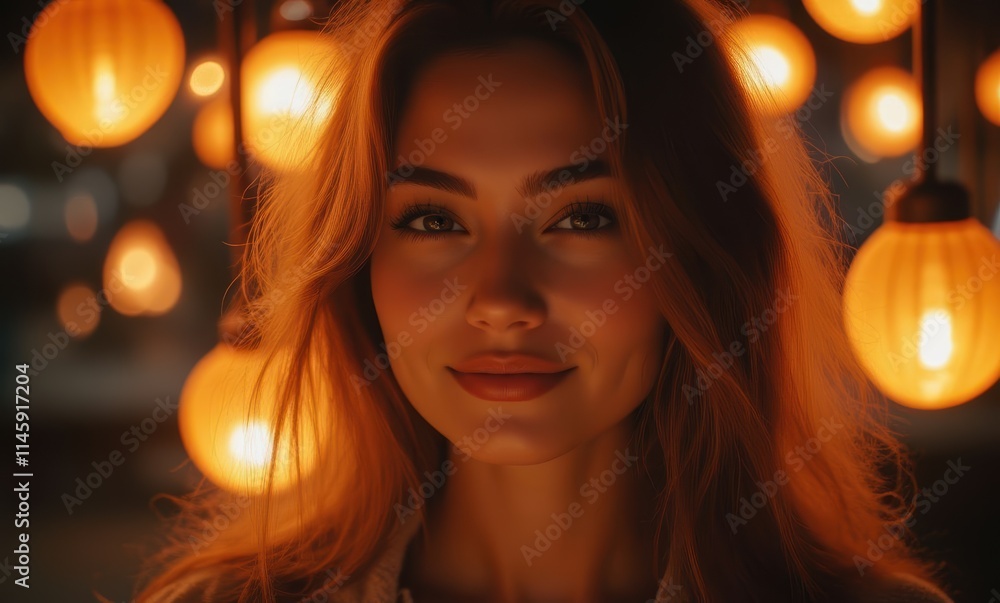 Smiling woman with glowing lights background Smiling woman with glowing lights background