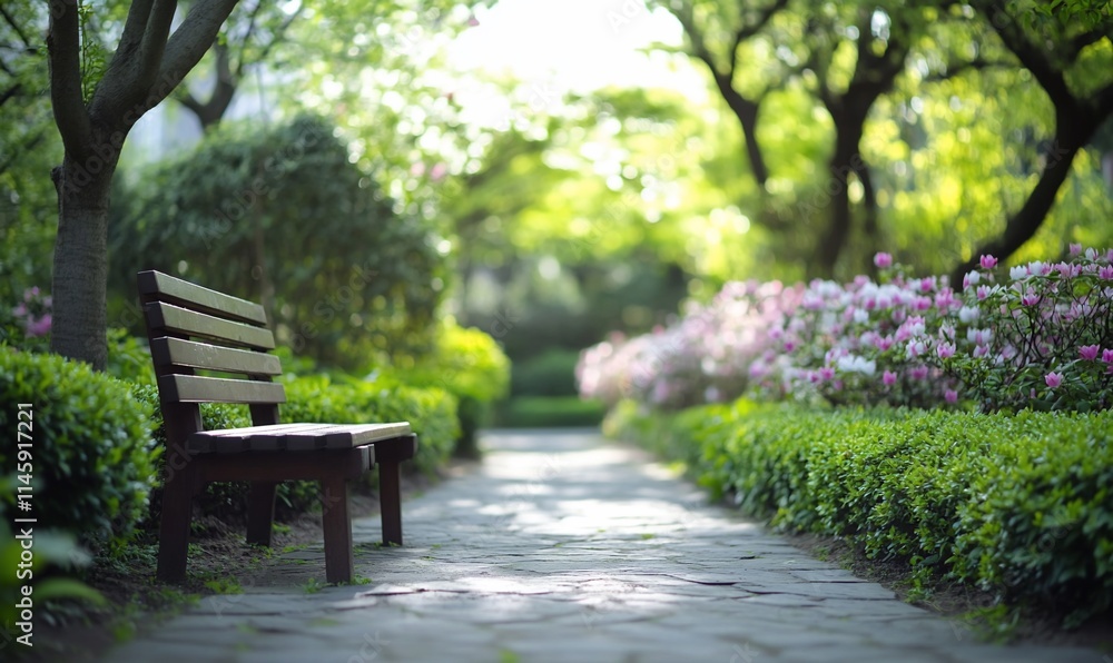 A serene park pathway with a bench and blooming flowers. A serene park pathway with a bench and blooming flowers.