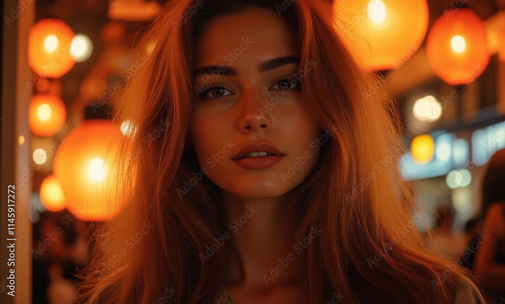 Young woman with long hair in warm lights Young woman with long hair in warm lights