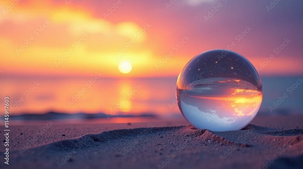 Sunset Reflected in a Crystal Sphere on a Sandy Beach at Dusk Sunset Reflected in a Crystal Sphere on a Sandy Beach at Dusk