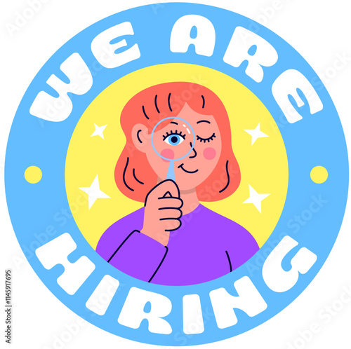 Lettering we are hiring with woman looking through a magnifier text