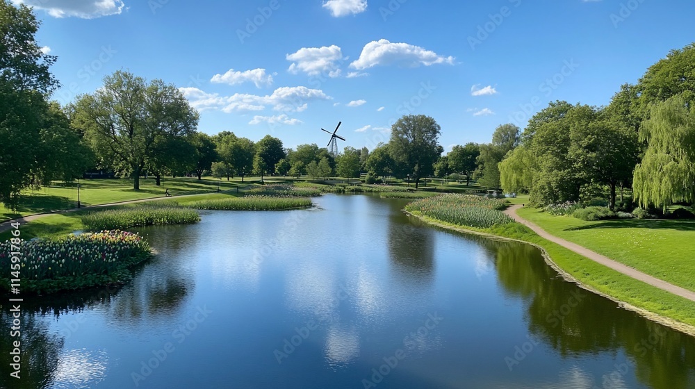 A serene park scene featuring a pond and lush greenery under blue skies. A serene park scene featuring a pond and lush greenery under blue skies.