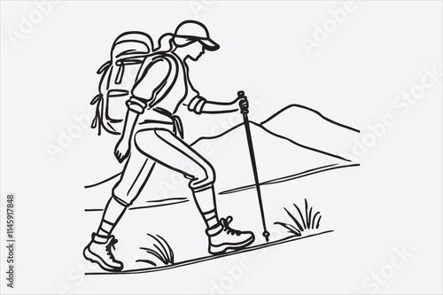 A single line drawing of a woman hiking