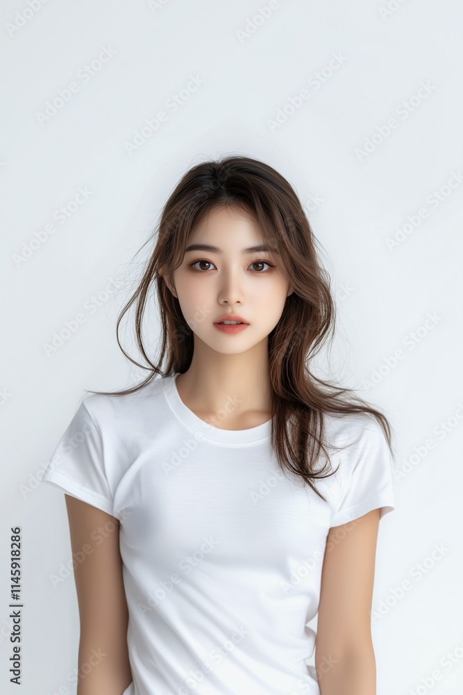 Beautiful Asian woman in white t-shirt isolated on white background Beautiful Asian woman in white t-shirt isolated on white background