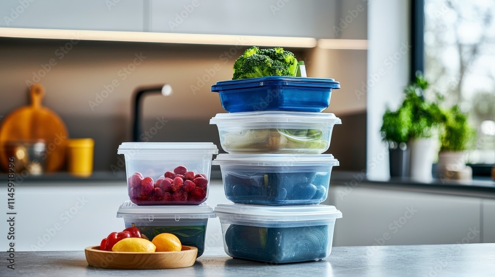Organized plastic food storage containers stacked in minimalist kitchen space modern design functional storage solution Organized plastic food storage containers stacked in minimalist kitchen space modern design functional storage solution