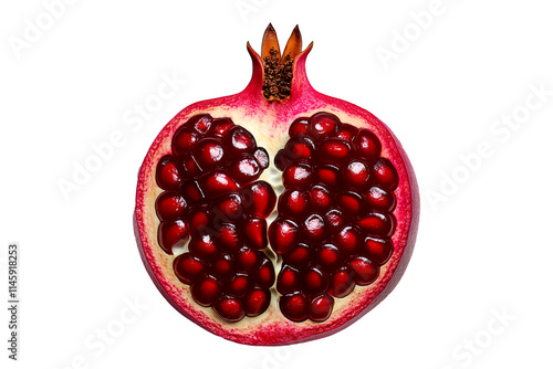 Halved pomegranate showing juicy red seeds and vibrant details, isolated on white transparent background, concept of freshness and nutrition photo