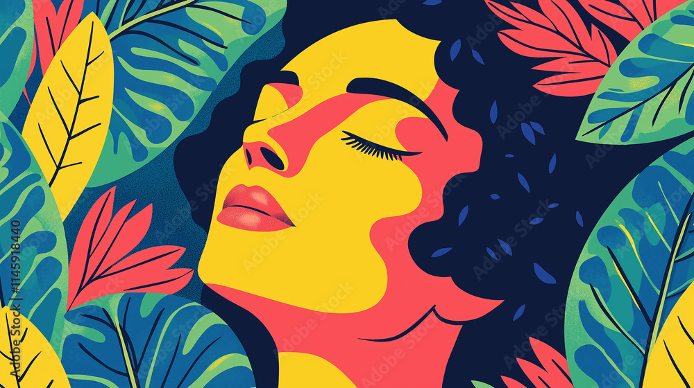 Serene Woman Amidst Vibrant Tropical Foliage A Bold Abstract Portrait Serene Woman Amidst Vibrant Tropical Foliage A Bold Abstract Portrait