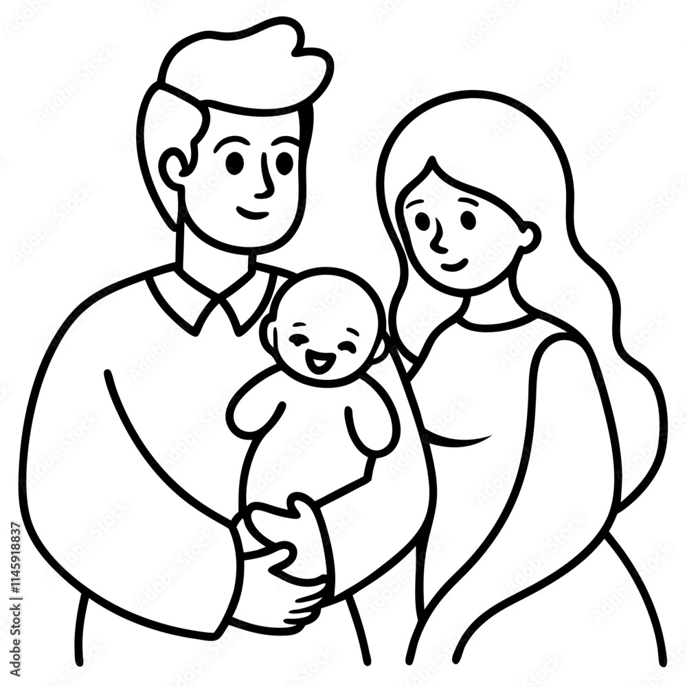 Happy Family Illustration - Black and White Cartoon of Parents with Baby Happy Family Illustration - Black and White Cartoon of Parents with Baby