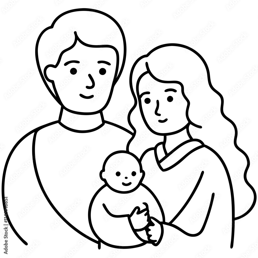 Happy Family Illustration - Black and White Cartoon of Parents with Baby Happy Family Illustration - Black and White Cartoon of Parents with Baby