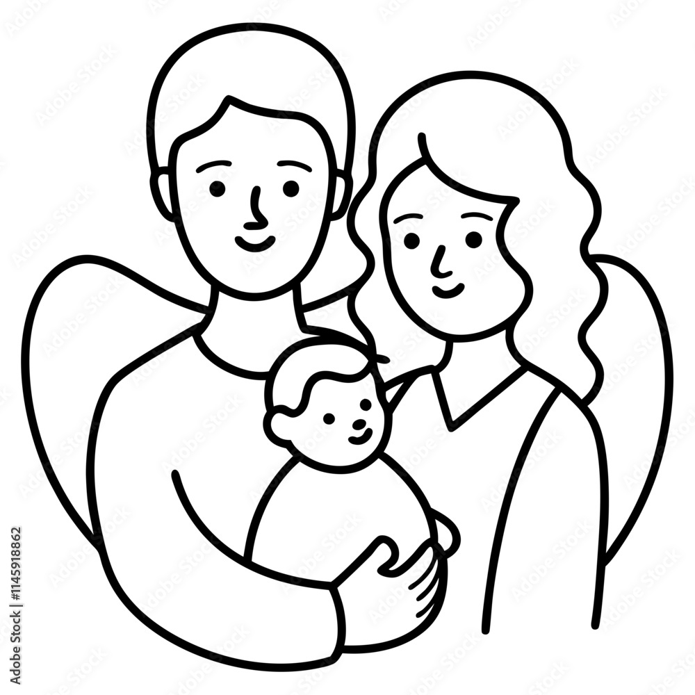 Happy Family Illustration - Black and White Cartoon of Parents with Baby Happy Family Illustration - Black and White Cartoon of Parents with Baby