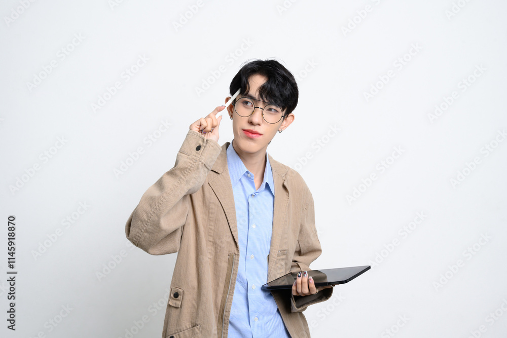 Smiling confident young businessman wearing glasses holding a digital tablet standing over white background Smiling confident young businessman wearing glasses holding a digital tablet standing over white background