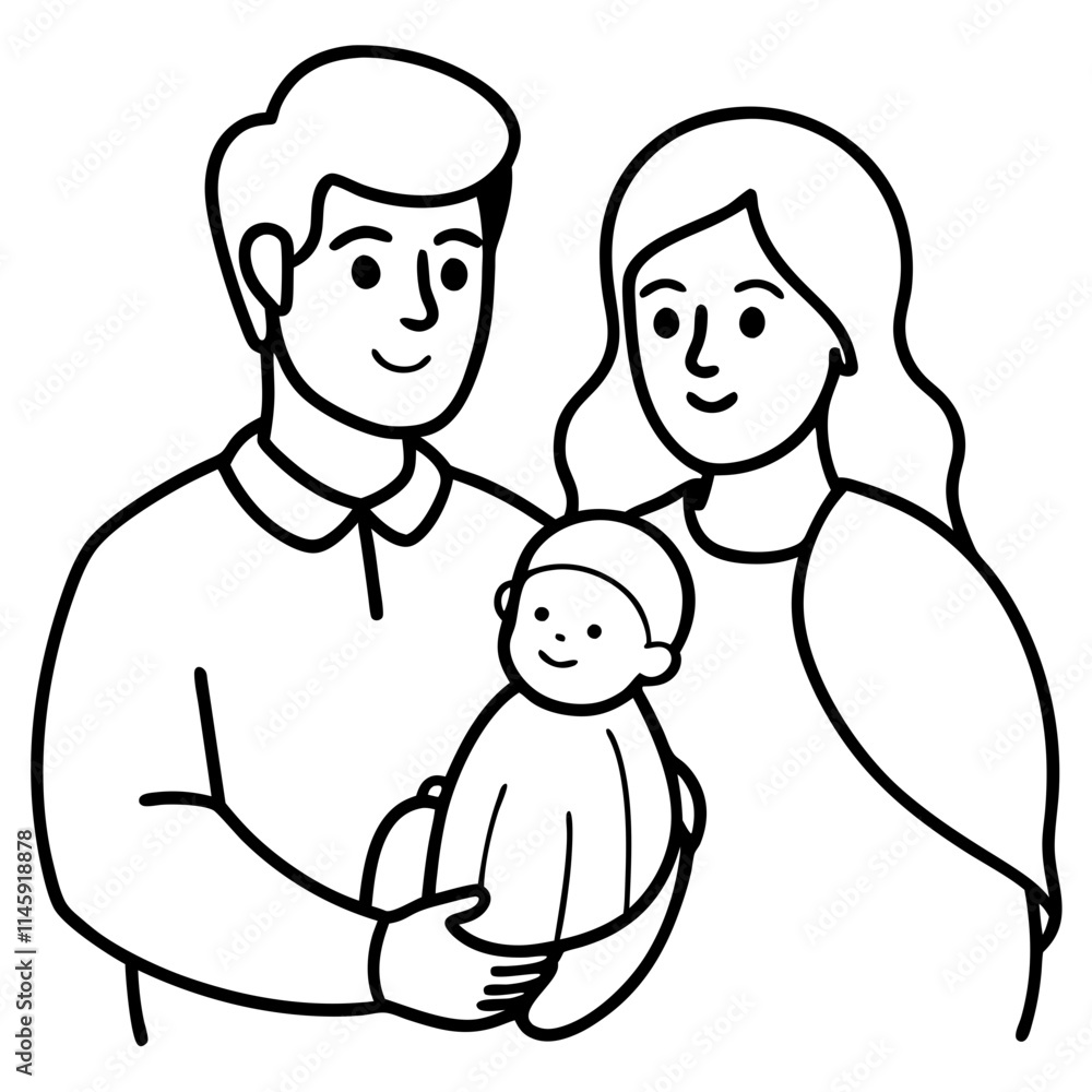 Happy Family Illustration - Black and White Cartoon of Parents with Baby Happy Family Illustration - Black and White Cartoon of Parents with Baby