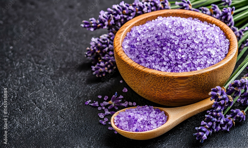 Organic Lavender Bath Salt with Fresh Lavender on Stone Surface Organic Lavender Bath Salt with Fresh Lavender on Stone Surface