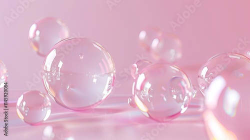 3d rendering of a transparent liquid bubble containing molecules floating on a light blue water background, perfect for skincare and cosmetic essence concepts