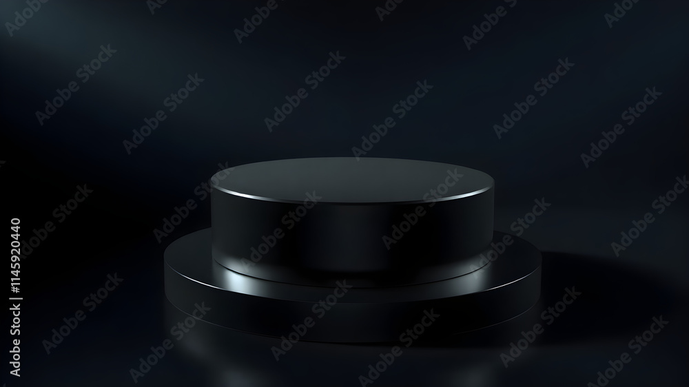 A sleek black pedestal with a glossy surface, surrounded by subtle gradient lighting on a dark background, vivid 8K detail A sleek black pedestal with a glossy surface, surrounded by subtle gradient lighting on a dark background, vivid 8K detail