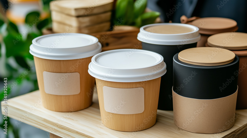 Eco-Friendly Coffee Cups and Containers on Wooden Table Eco-Friendly Coffee Cups and Containers on Wooden Table