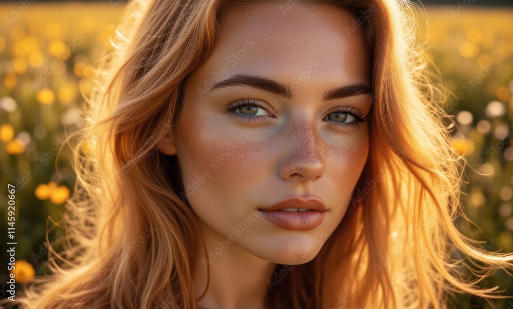 Young woman with freckles in a field Young woman with freckles in a field