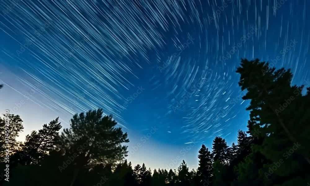 Star trails over a forest landscape during twilight. Star trails over a forest landscape during twilight.
