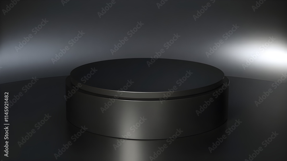 A sleek black pedestal with a glossy surface, surrounded by subtle gradient lighting on a dark background, vivid 8K detail A sleek black pedestal with a glossy surface, surrounded by subtle gradient lighting on a dark background, vivid 8K detail