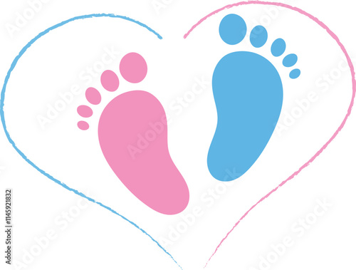 Gender Reveal Twins Baby Footprints Heart Vector