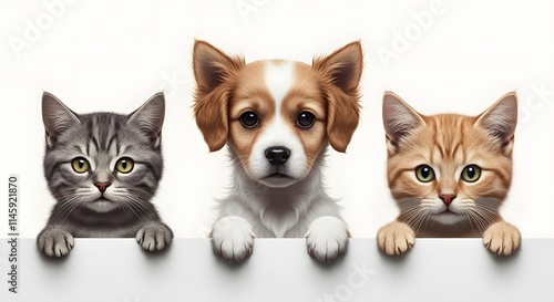 Wallpaper Mural A hyper-realistic image of cats and dogs peeking over a white edge, with detailed fur textures, expressive faces, and a bright pure white background, perfect for social media and pet design visuals. Torontodigital.ca