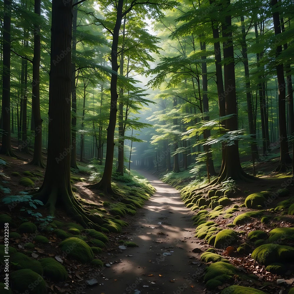 Obraz premium Sunlit Path Through an Enchanting Green Forest