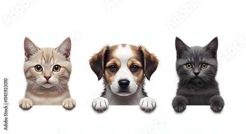 Wallpaper Mural A hyper-realistic image of cats and dogs peeking over a white edge, with detailed fur textures, expressive faces, and a bright pure white background, perfect for social media and pet design visuals. Torontodigital.ca