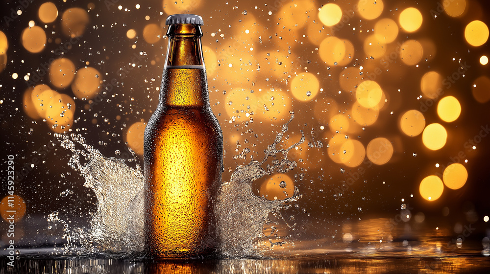 Golden Beer Bottle Splashing with Vibrant Bokeh Lights Golden Beer Bottle Splashing with Vibrant Bokeh Lights