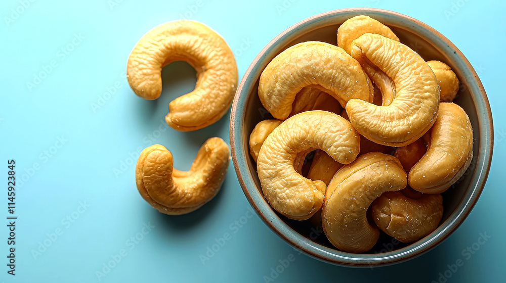 Roasted cashews in a bowl on a blue background. Roasted cashews in a bowl on a blue background.