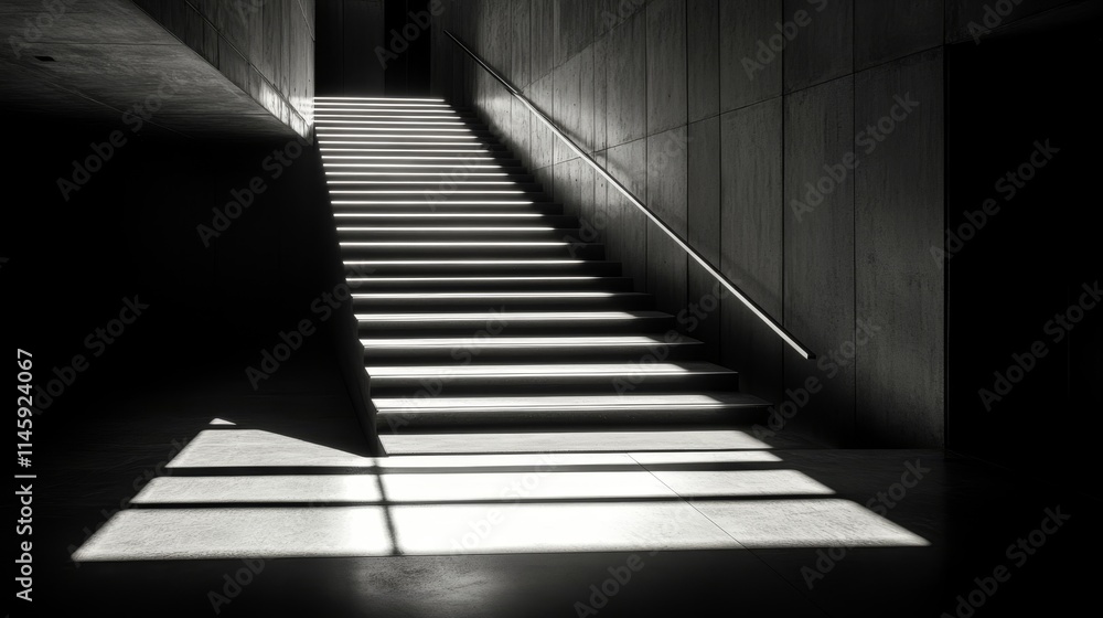 A minimalist staircase illuminated by light and shadow, creating a dramatic architectural scene. A minimalist staircase illuminated by light and shadow, creating a dramatic architectural scene.