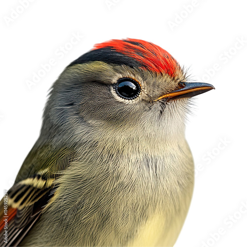 Front view close-up of an extremely perfect looking single Ruby-crowned Kinglet bird isolated on a white transparent background photo